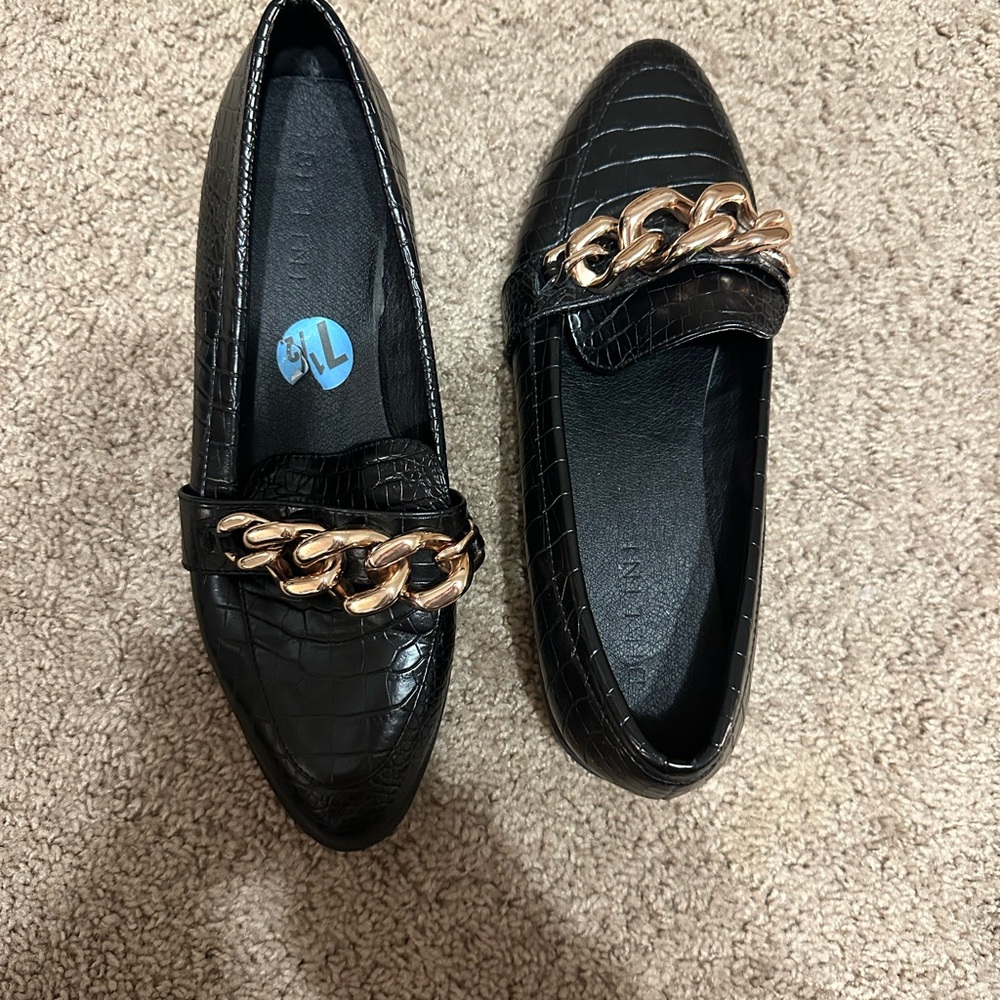 Bellini Black Loafers with Gold Chain Detail